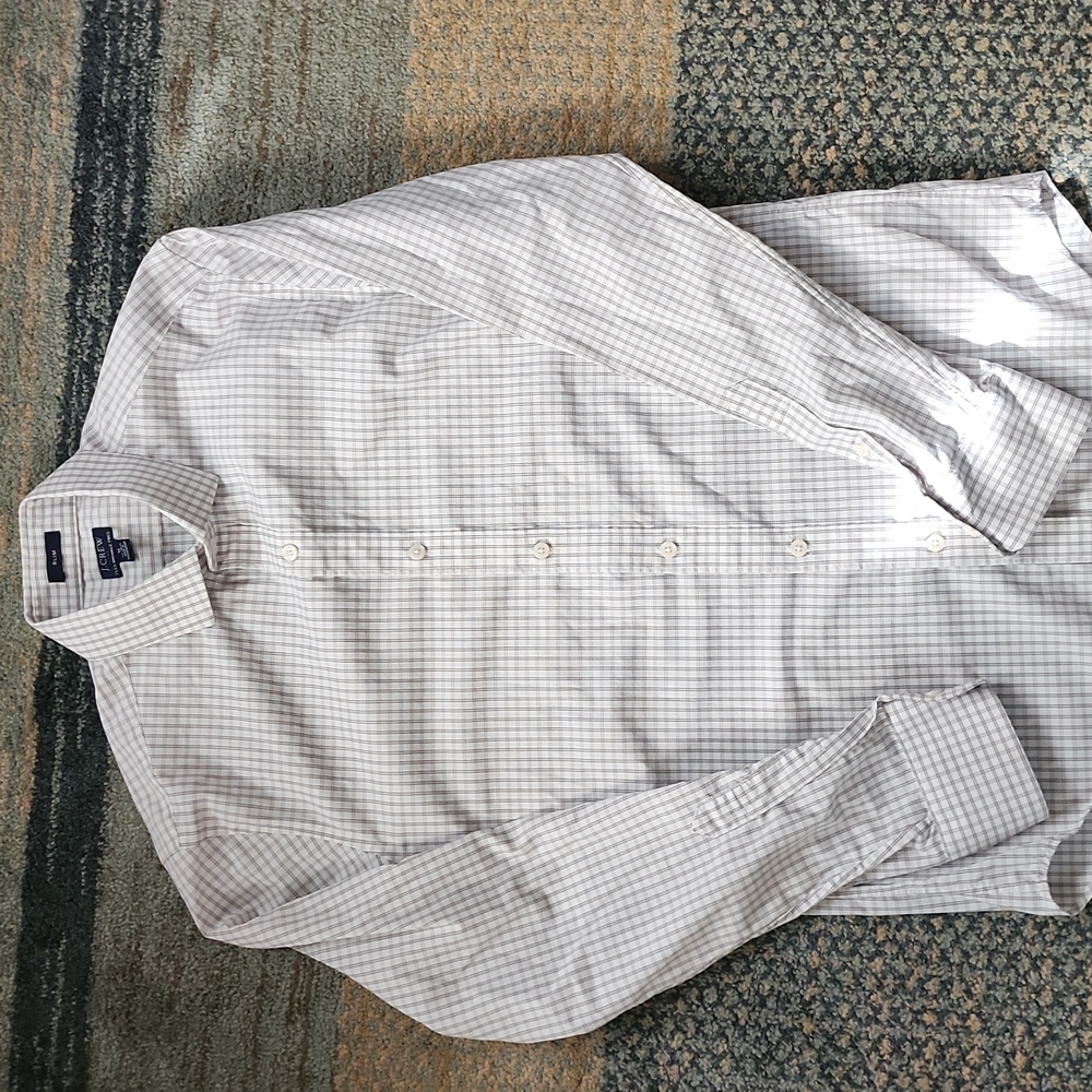 Men J Crew Flex Winkle Free Slim Gray White Casual Button Down Dress Shirt M